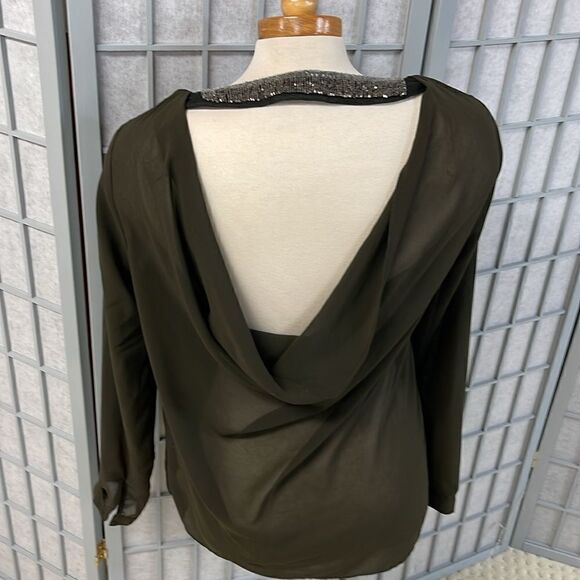 Forever 21 Olive Green Blouse with Cutout Back Beaded Detail, Size Small - Picture 3 of 6